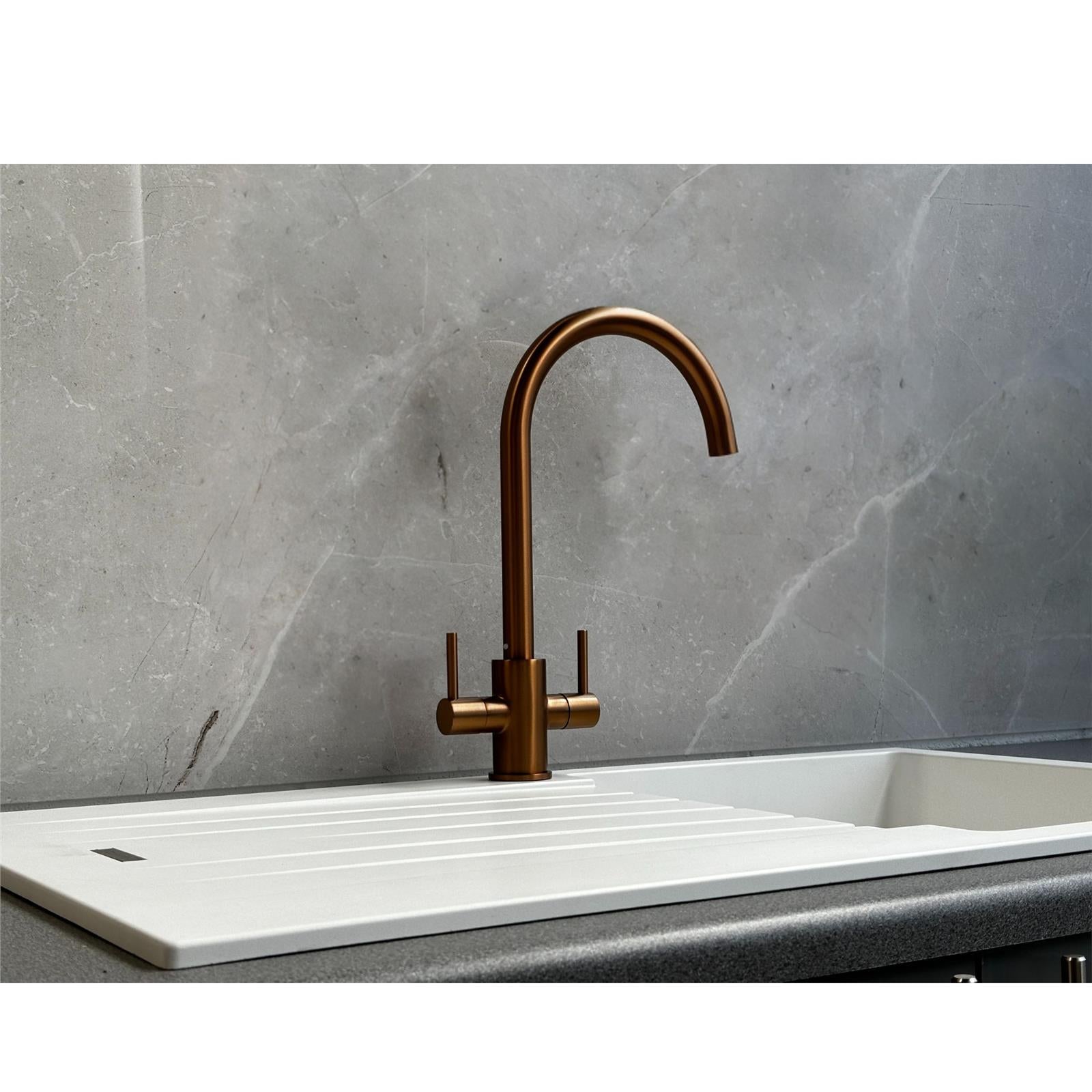 Liquida AD396CP Monobloc Swan Neck Twin Lever Copper Kitchen Mixer Tap